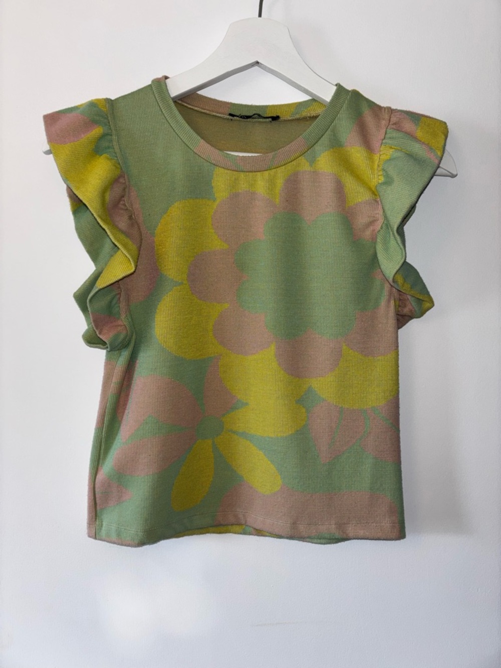 Zara Floral Ruffle Sleeve Top - Green, Yellow & Pink